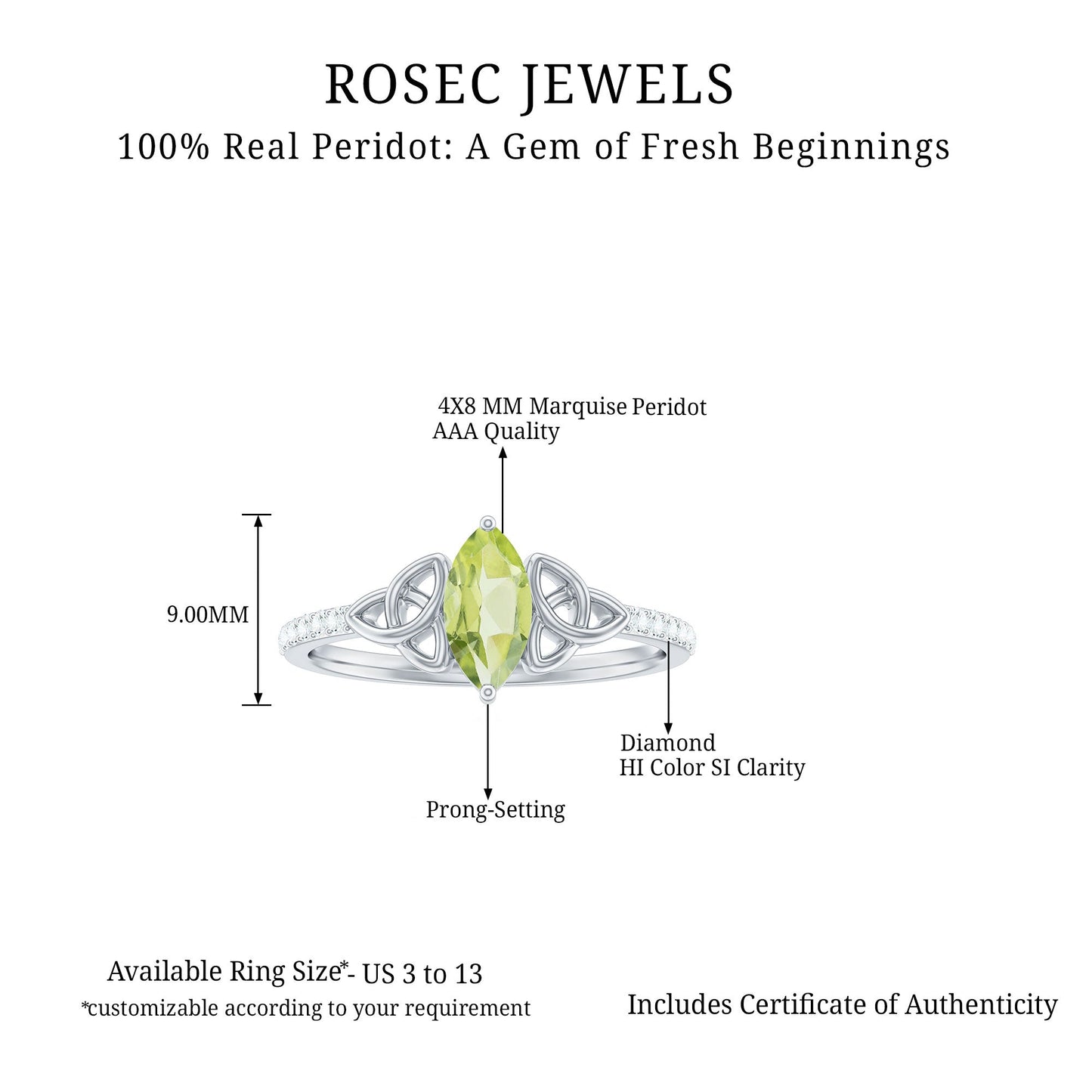 Natural 0.7 Carat Peridot Diamond Marquise Engagement Ring with Celtic Knot