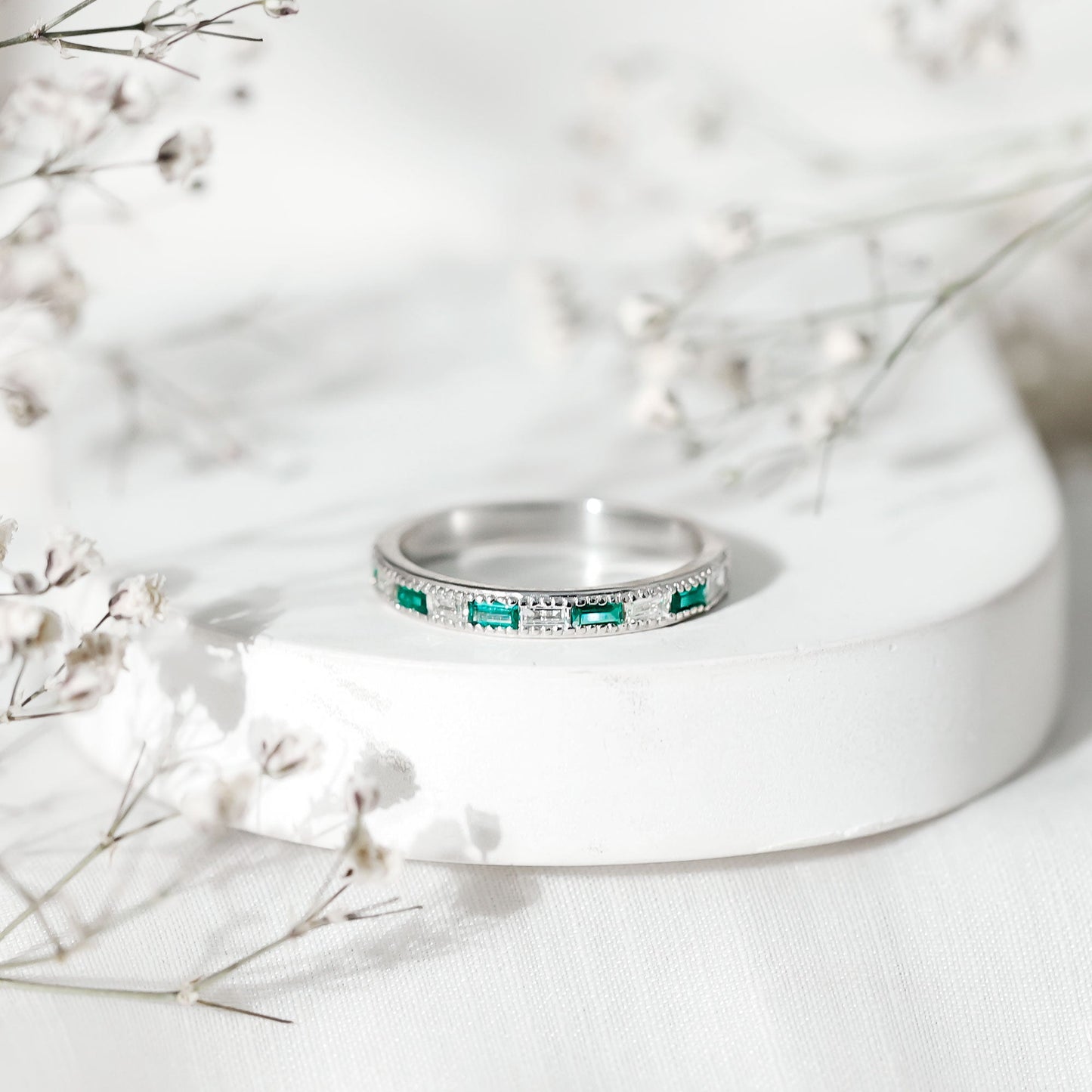 Baguette Cut Lab Grown Emerald and Diamond Band Ring