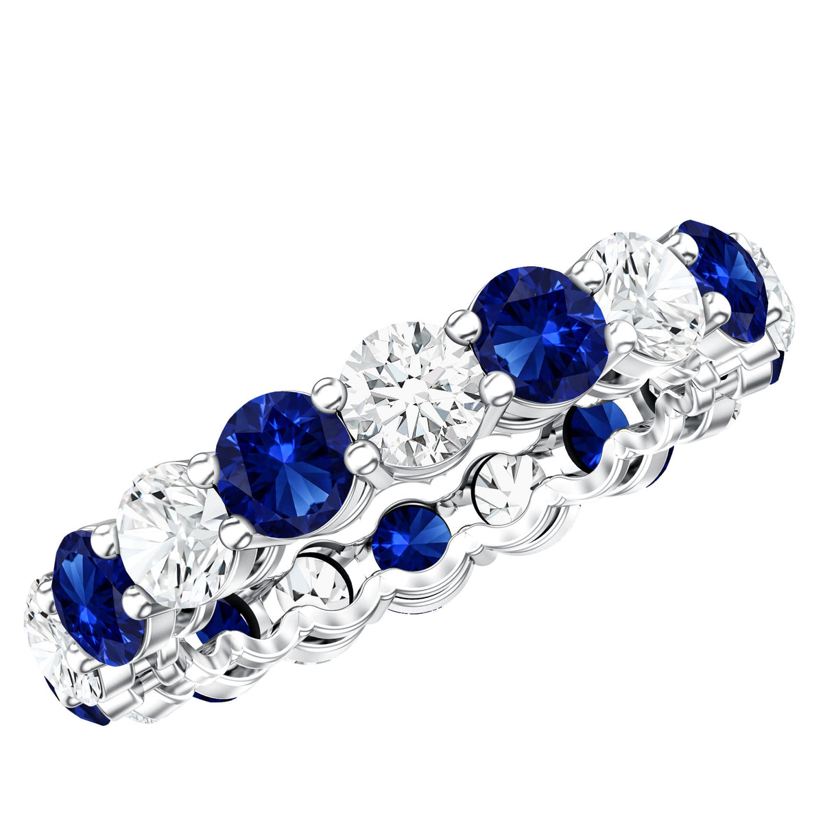 Certified Round Lab Grown Blue Sapphire Eternity Band Ring with Moissanite