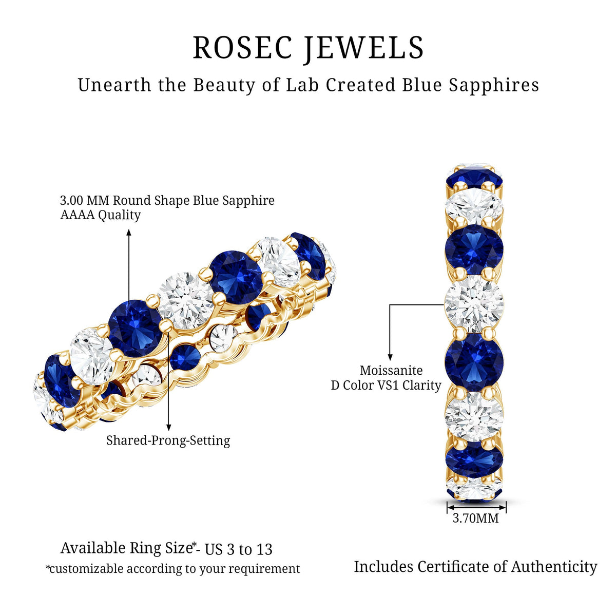 Certified Round Lab Grown Blue Sapphire Eternity Band Ring with Moissanite