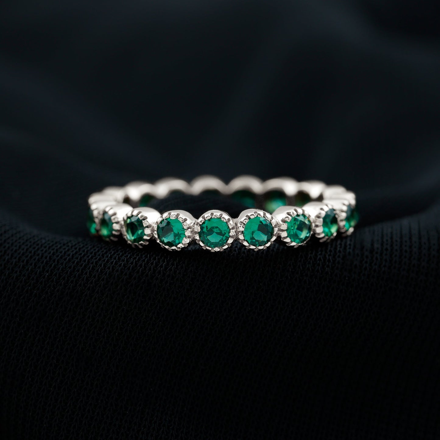 Certified Lab Created Emerald Full Eternity Band Ring in Bezel Setting