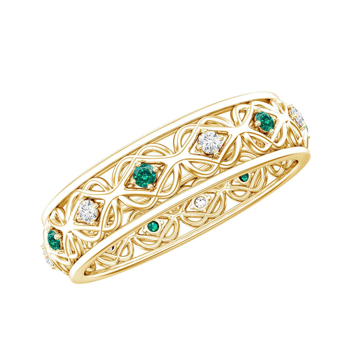 Lab Emerald and Diamond Vintage Wedding Band Ring
