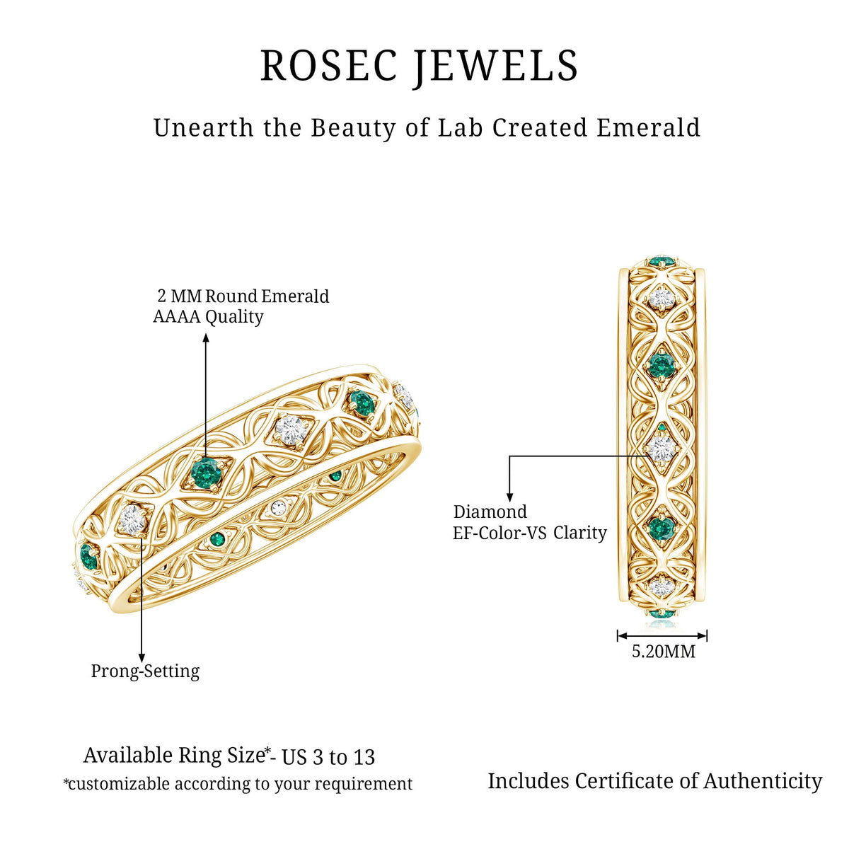 Lab Emerald and Diamond Vintage Wedding Band Ring