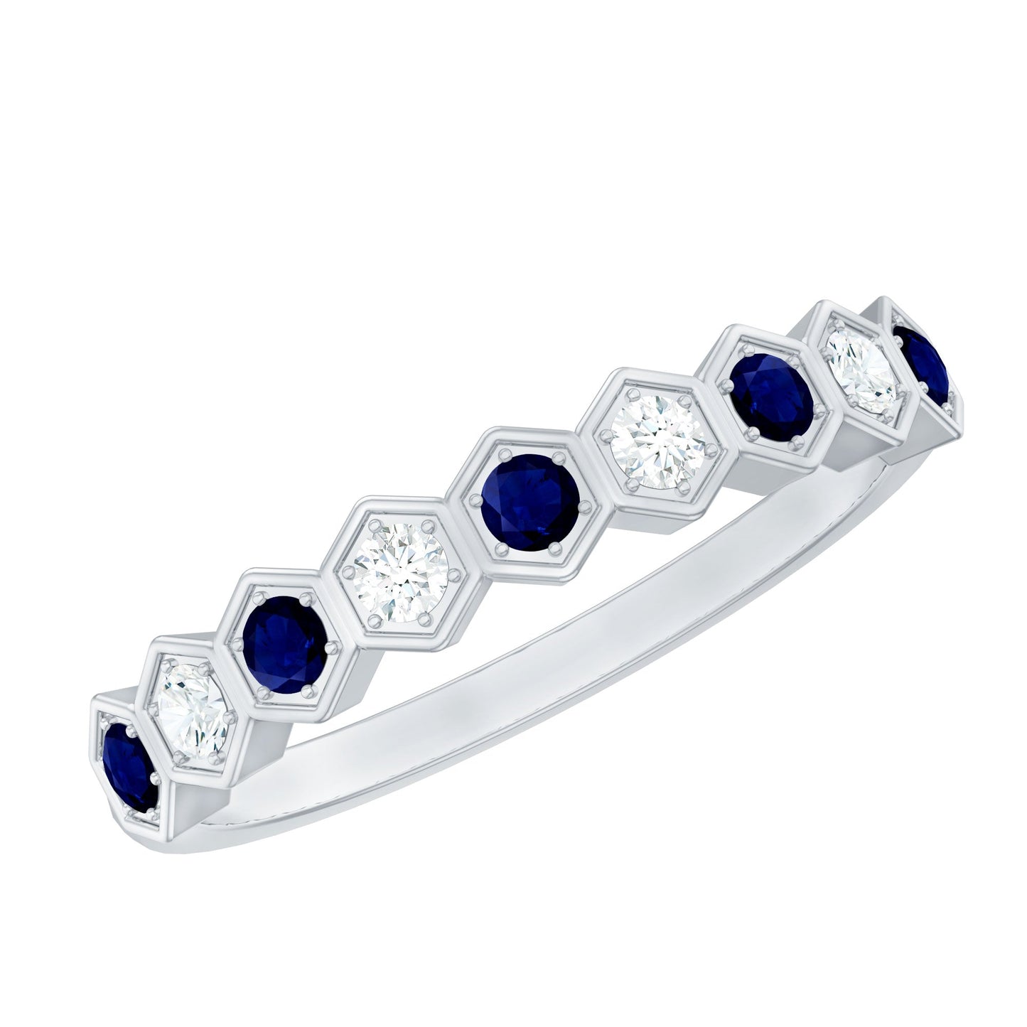Art Deco Inspired Blue Sapphire and Diamond Geometric Half Eternity Ring