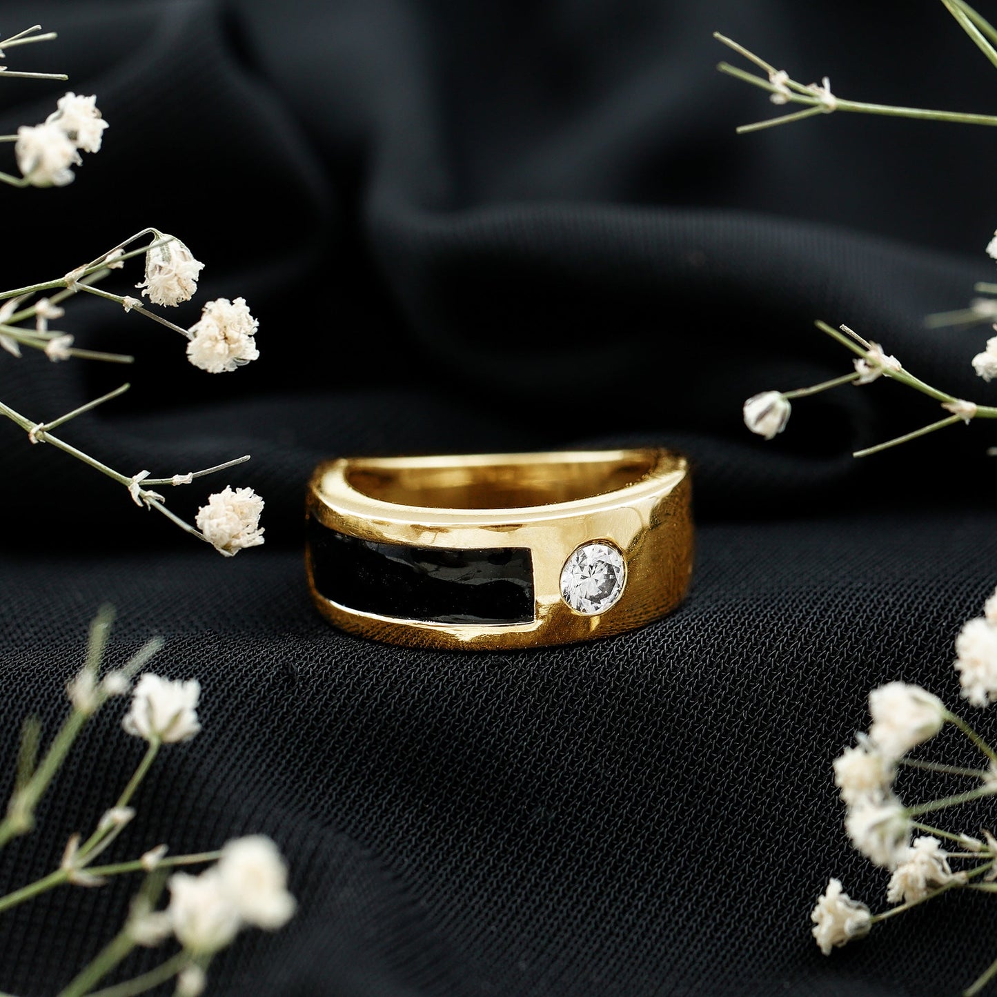 Classic Moissanite Mens Wedding Band with Black Enamel