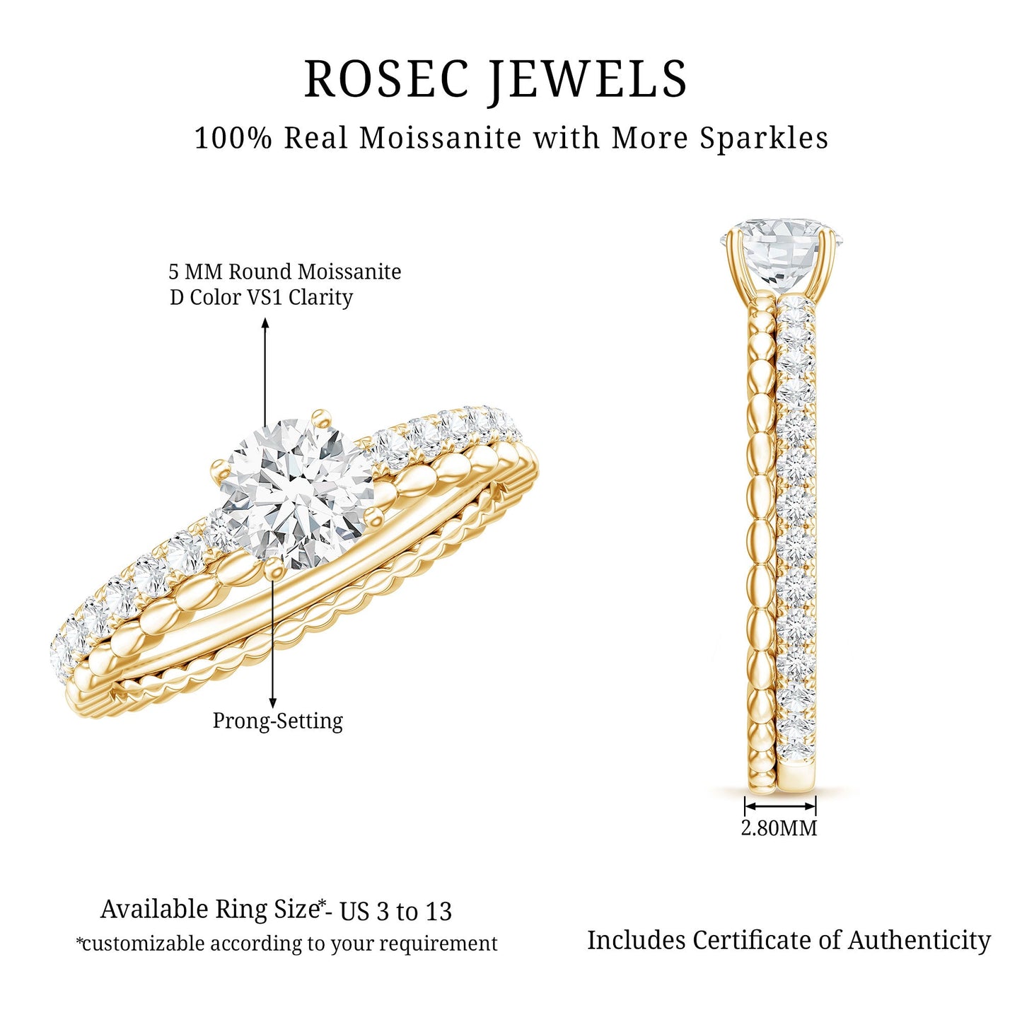 Round Cut Moissanite Designer Engagement Ring With Certificate
