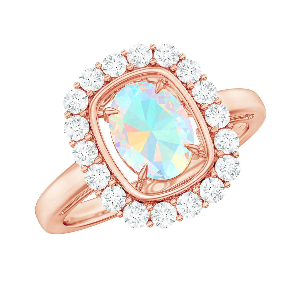 1 Carat Oval Cut Ethiopian Opal Halo Engagement Ring with Moissanite