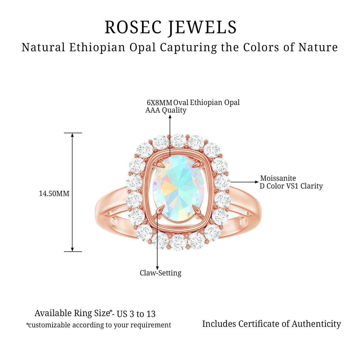 1 Carat Oval Cut Ethiopian Opal Halo Engagement Ring with Moissanite