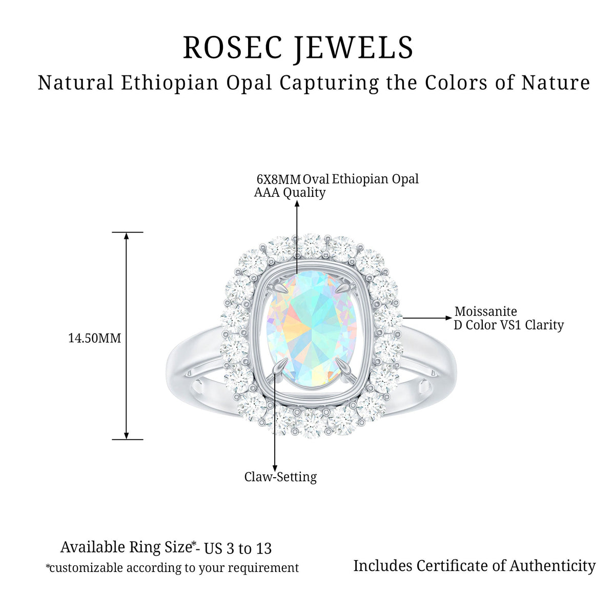 1 Carat Oval Cut Ethiopian Opal Halo Engagement Ring with Moissanite
