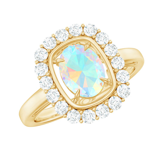 1 Carat Oval Cut Ethiopian Opal Halo Engagement Ring with Moissanite