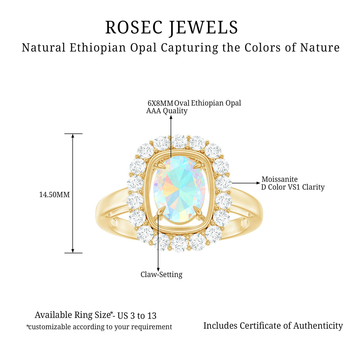 1 Carat Oval Cut Ethiopian Opal Halo Engagement Ring with Moissanite