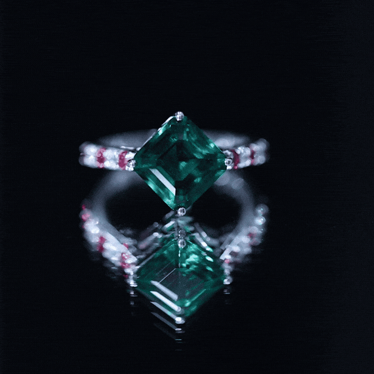 6 Carat Lab Created Emerald Engagement Ring with Lab Ruby and Diamond