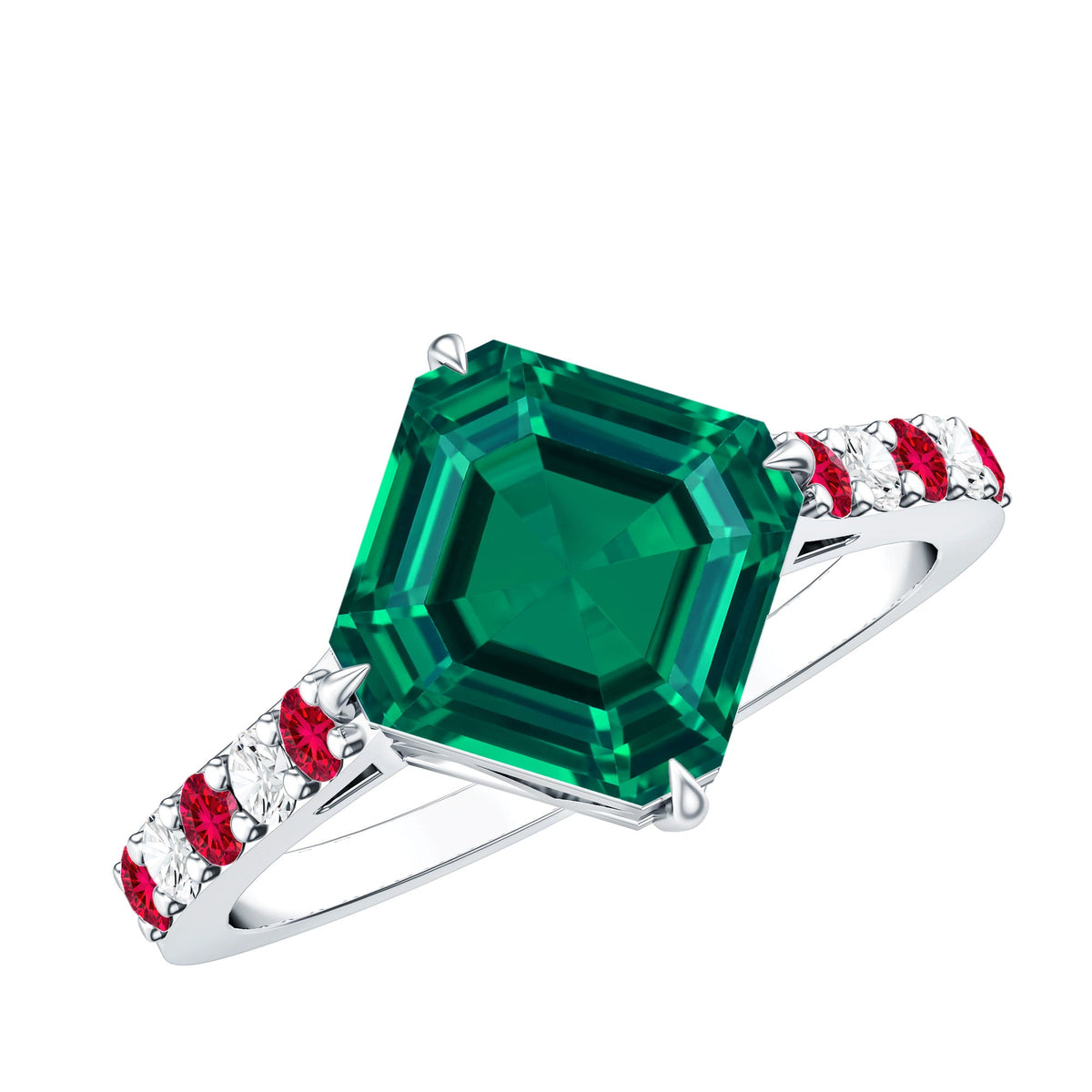 6 Carat Lab Created Emerald Engagement Ring with Lab Ruby and Diamond