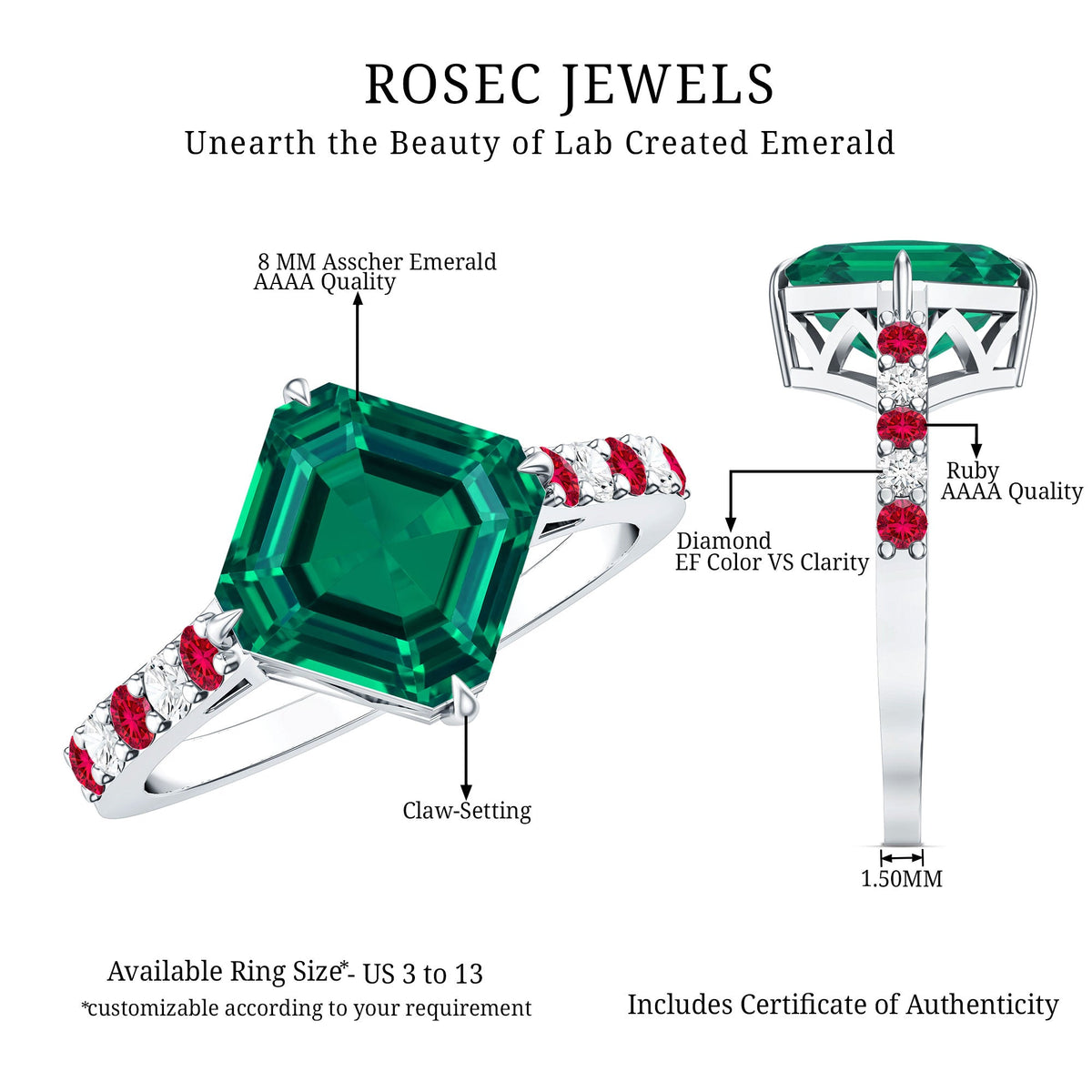 6 Carat Lab Created Emerald Engagement Ring with Lab Ruby and Diamond