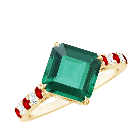 6 Carat Lab Created Emerald Engagement Ring with Lab Ruby and Diamond