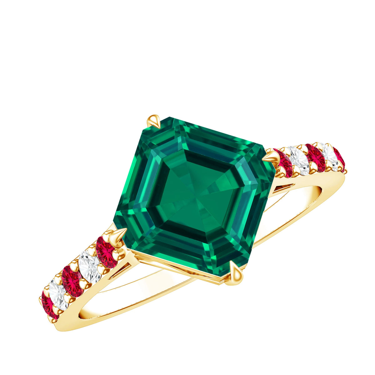 6 Carat Lab Created Emerald Engagement Ring with Lab Ruby and Diamond