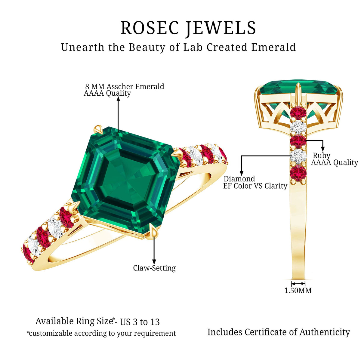 6 Carat Lab Created Emerald Engagement Ring with Lab Ruby and Diamond