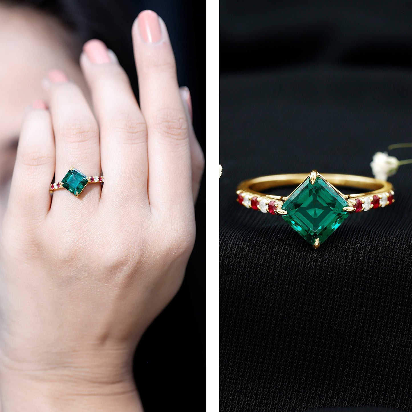 6 Carat Lab Created Emerald Engagement Ring with Lab Ruby and Diamond