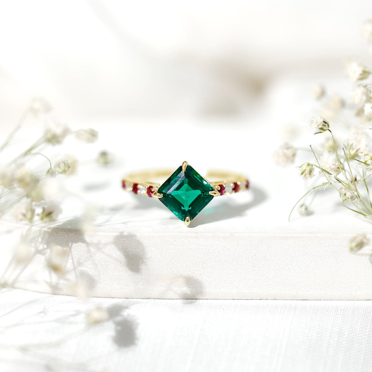 6 Carat Lab Created Emerald Engagement Ring with Lab Ruby and Diamond