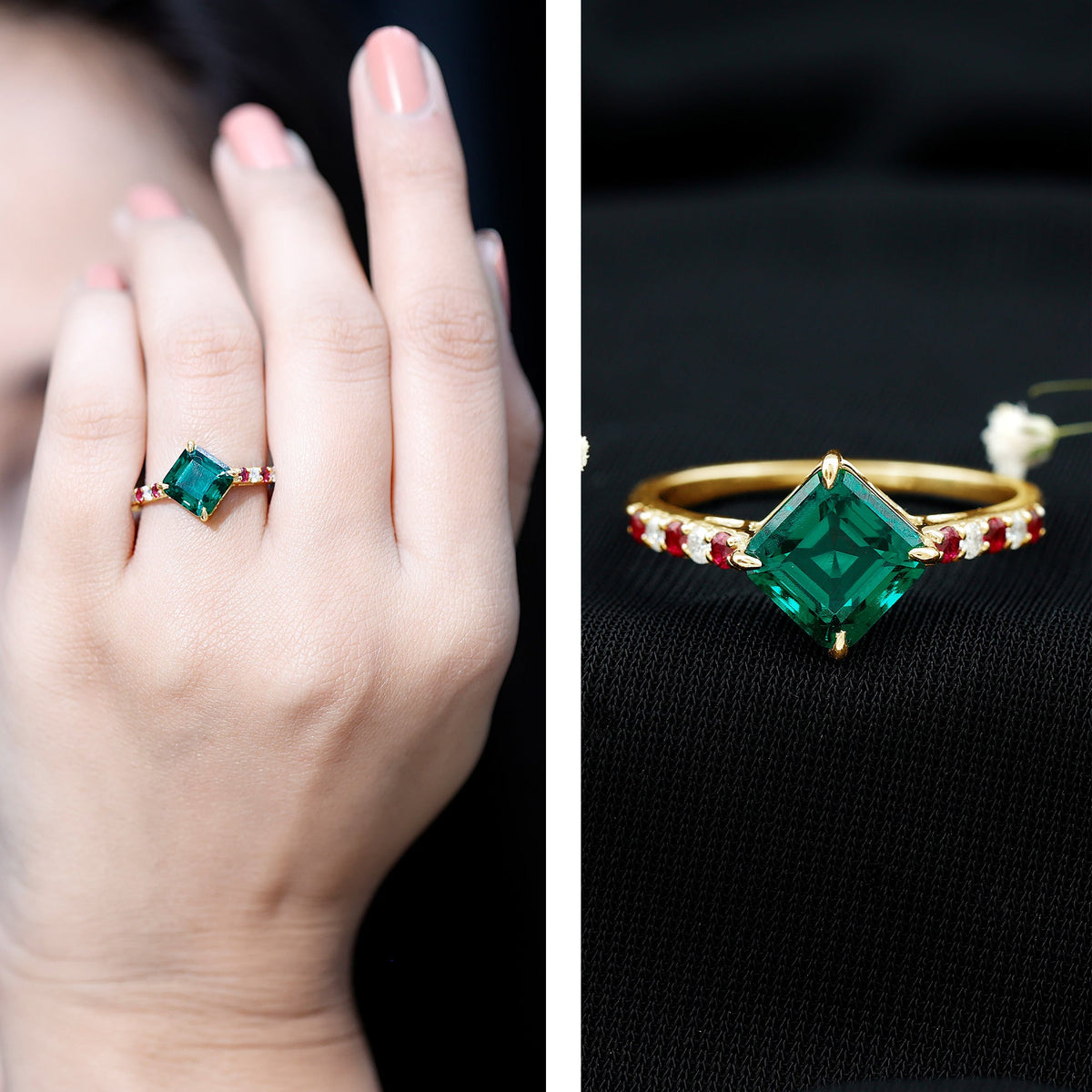 6 Carat Lab Created Emerald Engagement Ring with Lab Ruby and Diamond