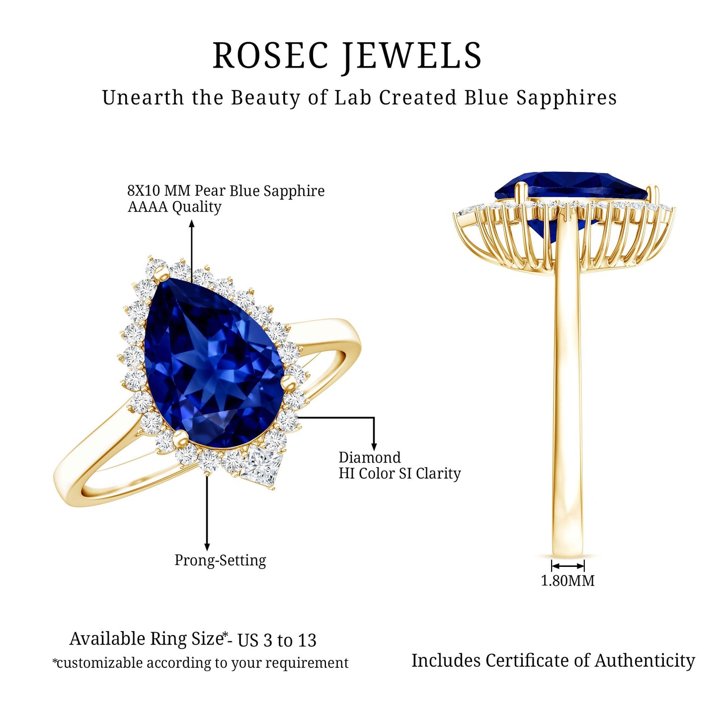 Certified 3 Carat Lab Grown Blue Sapphire Pear Shaped Engagement Ring with Diamond Halo