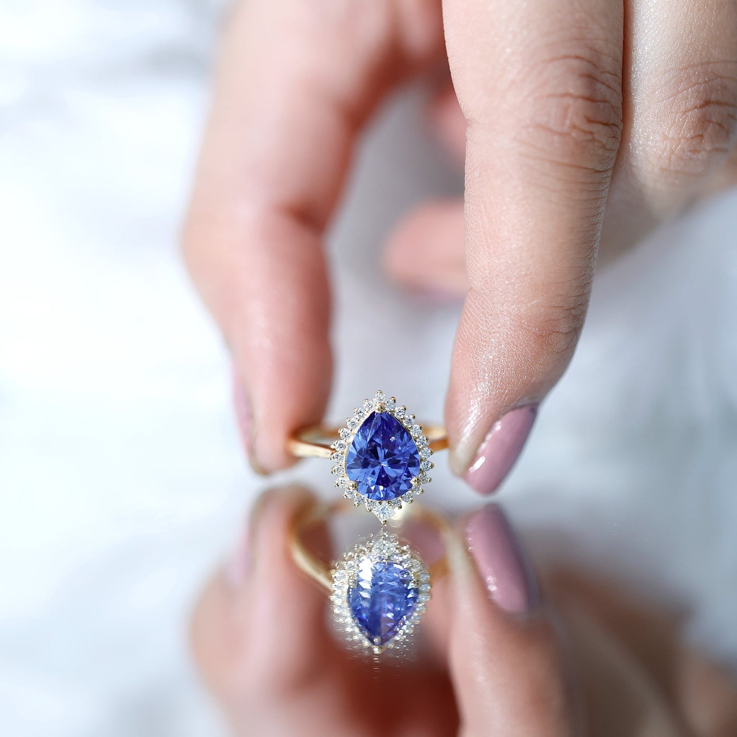Certified 3 Carat Lab Grown Blue Sapphire Pear Shaped Engagement Ring with Diamond Halo