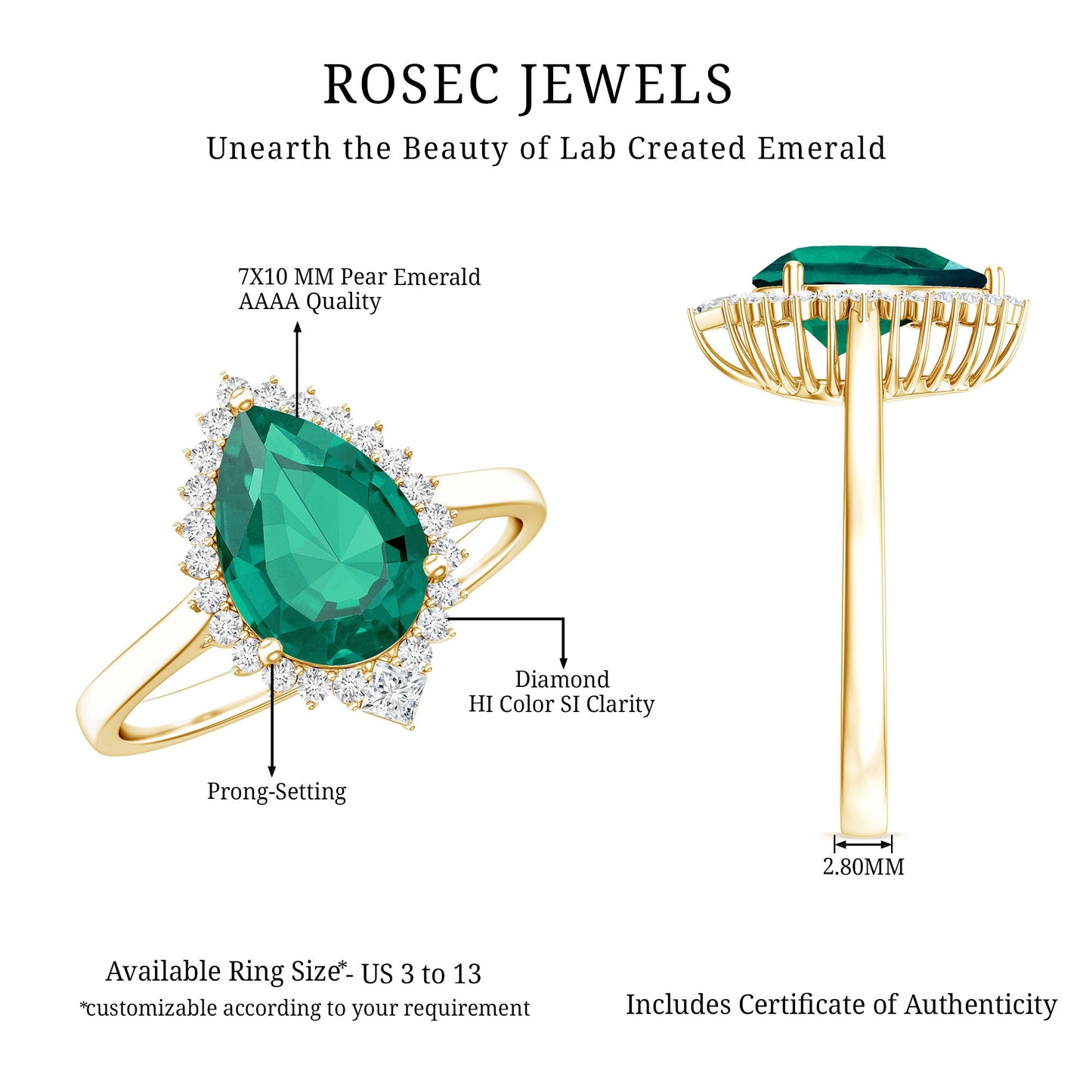 Certified 2 Carat Lab Grown Emerald Teardrop Engagement Ring with Diamond Halo