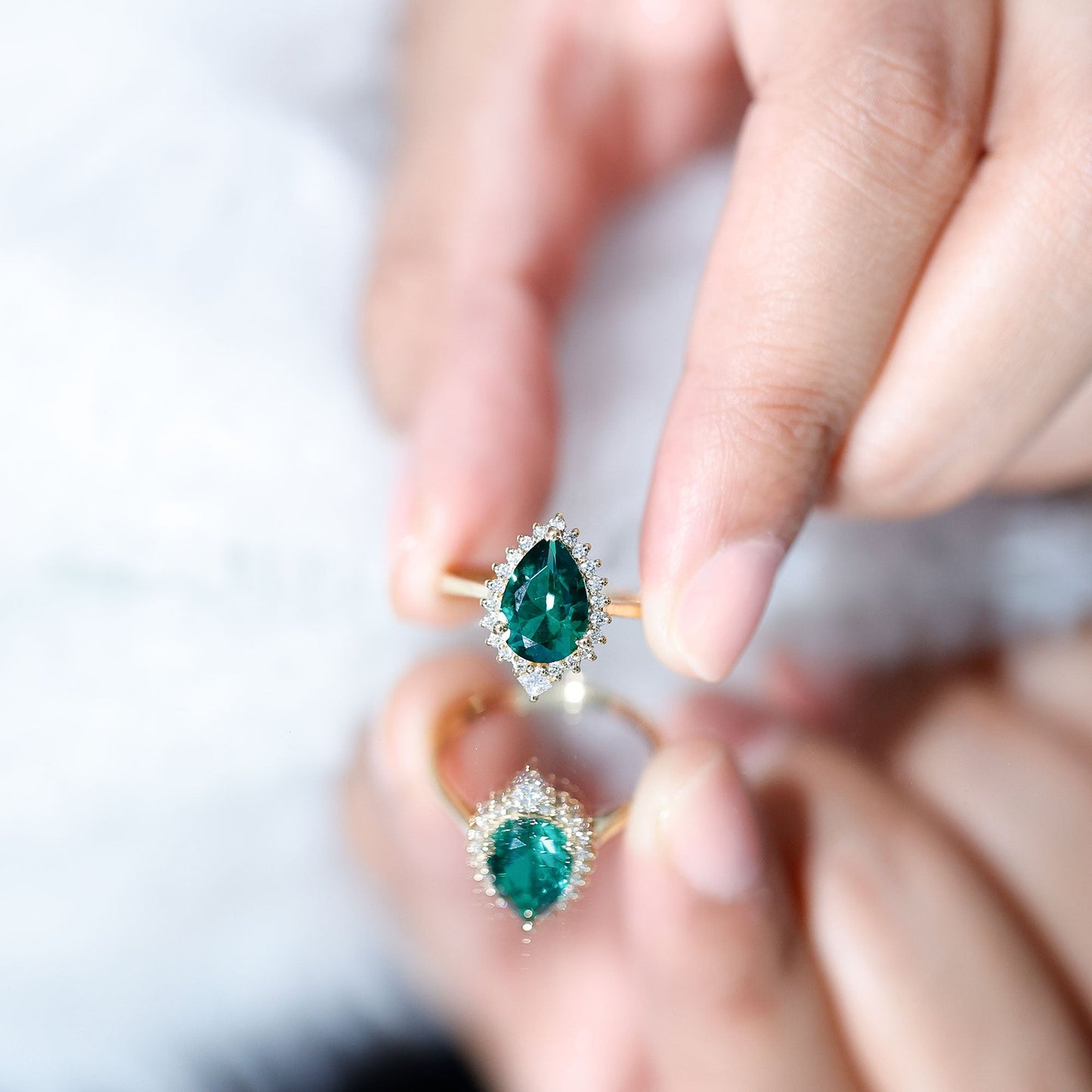 Certified 2 Carat Lab Grown Emerald Teardrop Engagement Ring with Diamond Halo
