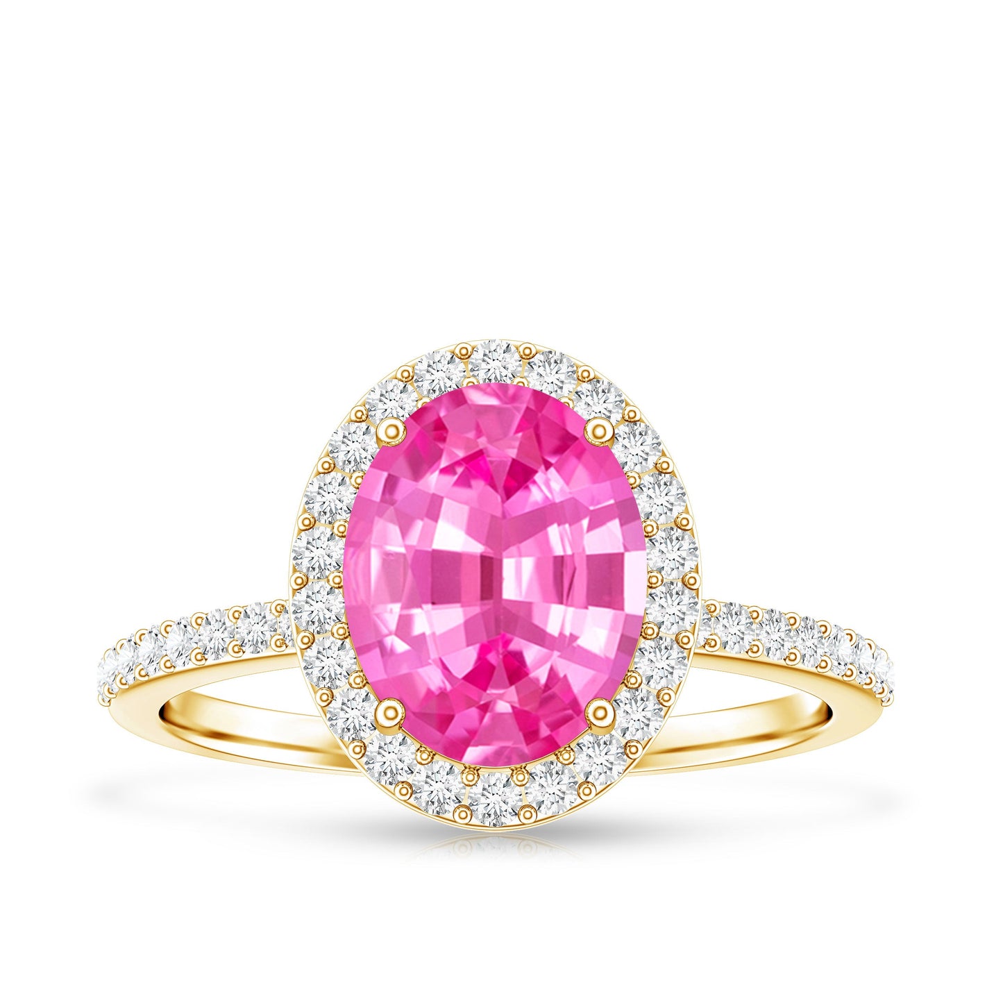 Oval Cut Created Pink Sapphire and Diamond Halo Ring