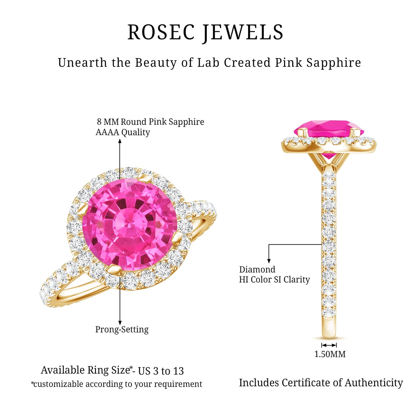2.25 Carat Round Lab Grown Pink Sapphire and Diamond Engagement Ring