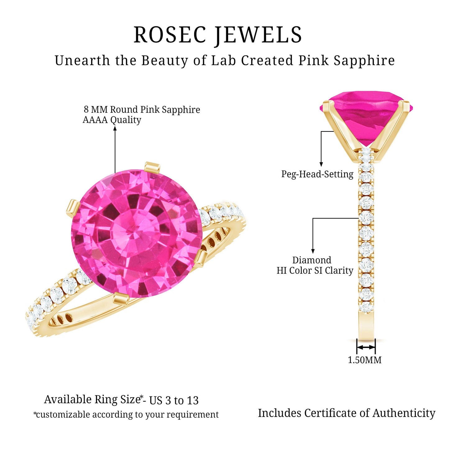 Round Created Pink Sapphire Solitaire Engagement Ring with Diamond