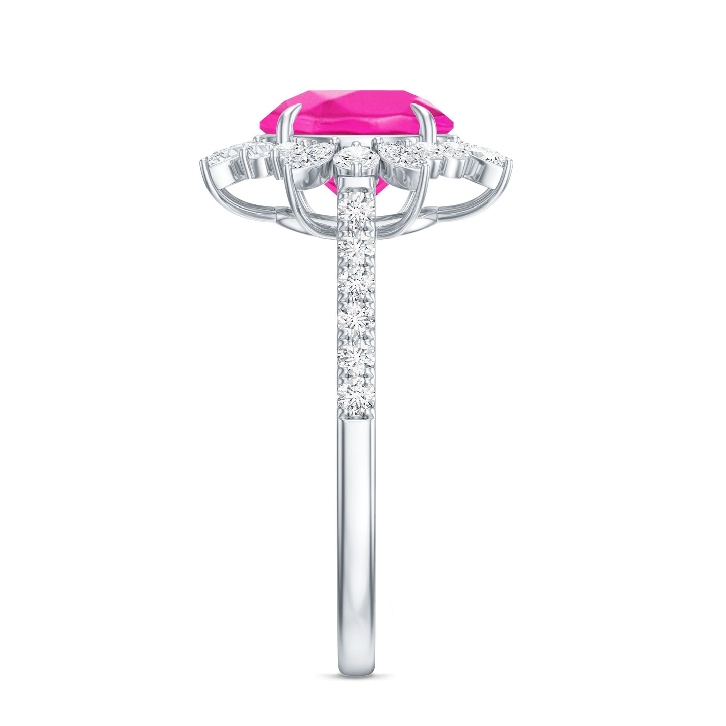 Created Pink Sapphire Cocktail Ring with Moissanite Floral Halo