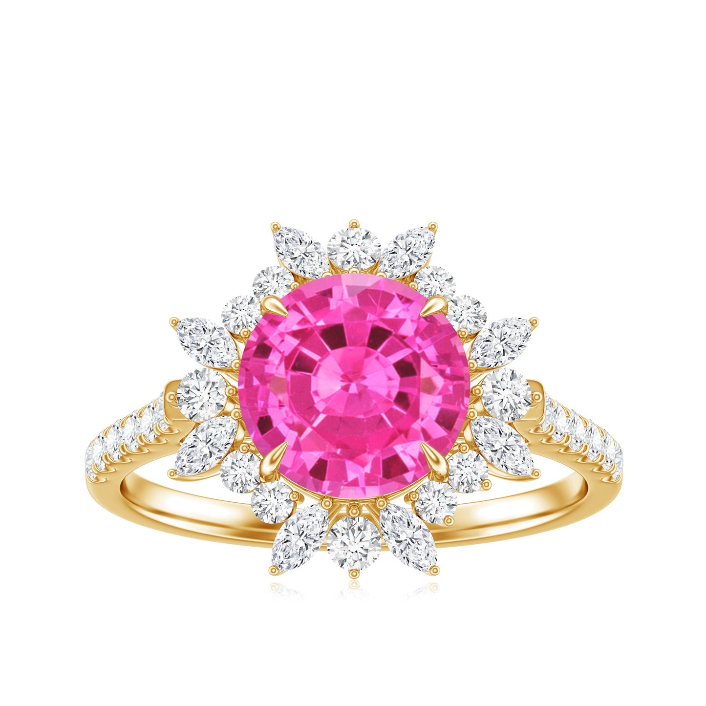 Created Pink Sapphire Cocktail Ring with Moissanite Floral Halo