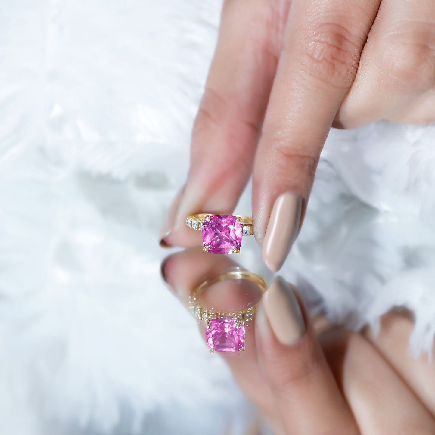 2.75 Carat Cushion Cut Lab Created Pink Sapphire Engagement Ring with Diamond