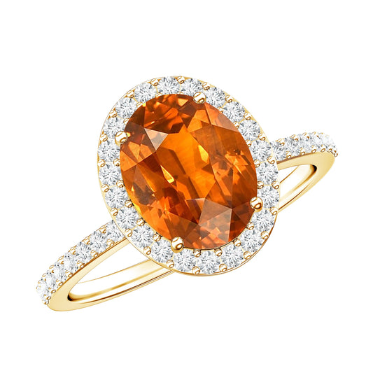 4 Carat Lab Grown Orange Sapphire Oval Engagement Ring with Diamond Halo