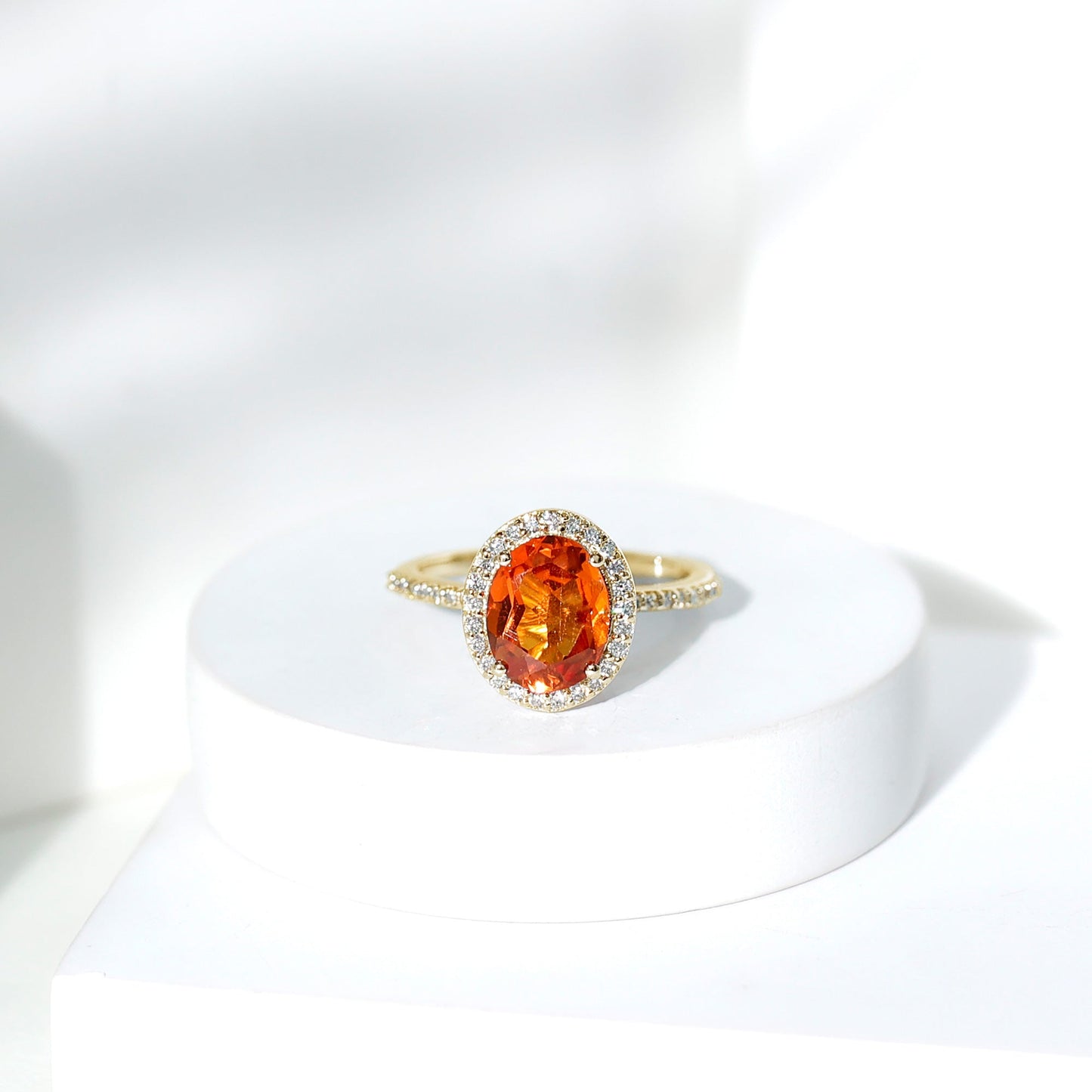 4 Carat Lab Grown Orange Sapphire Oval Engagement Ring with Diamond Halo