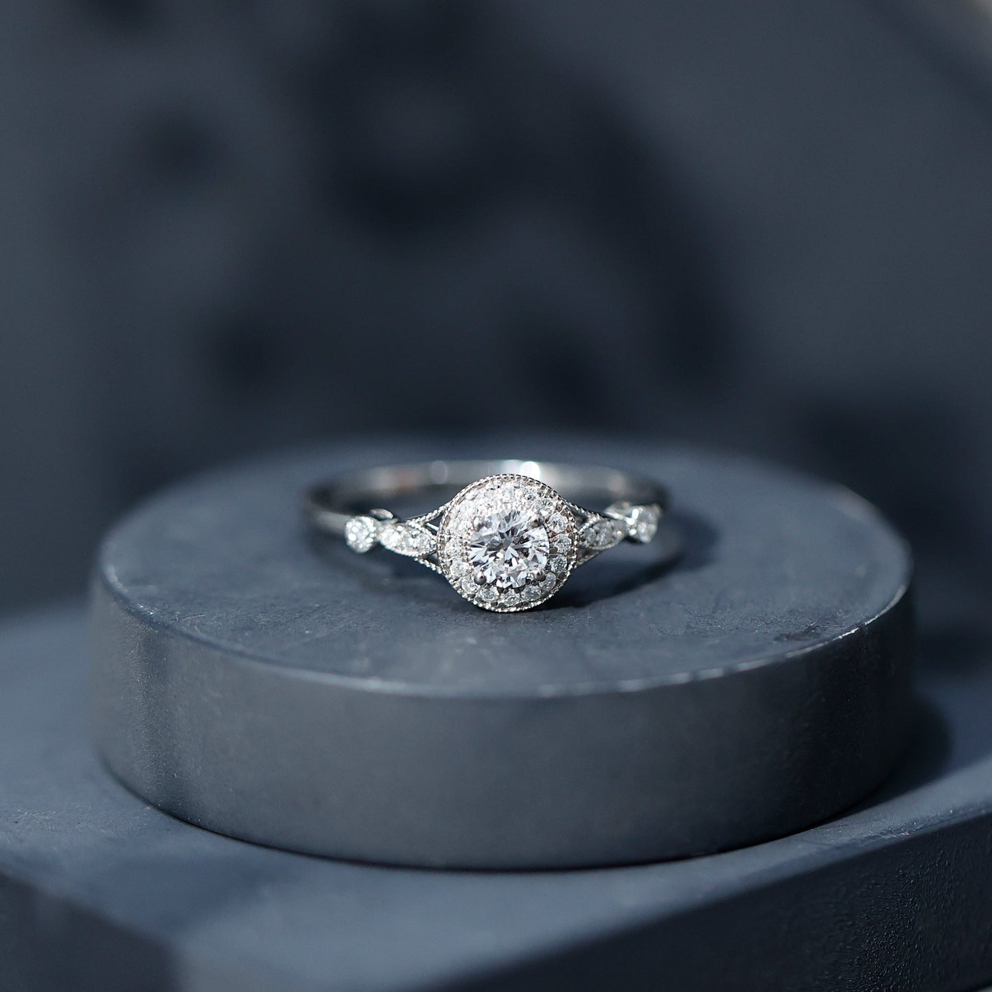 Vintage Looking 0.4 Carat Lab Grown Diamond Halo Engagement Ring With Side Stones