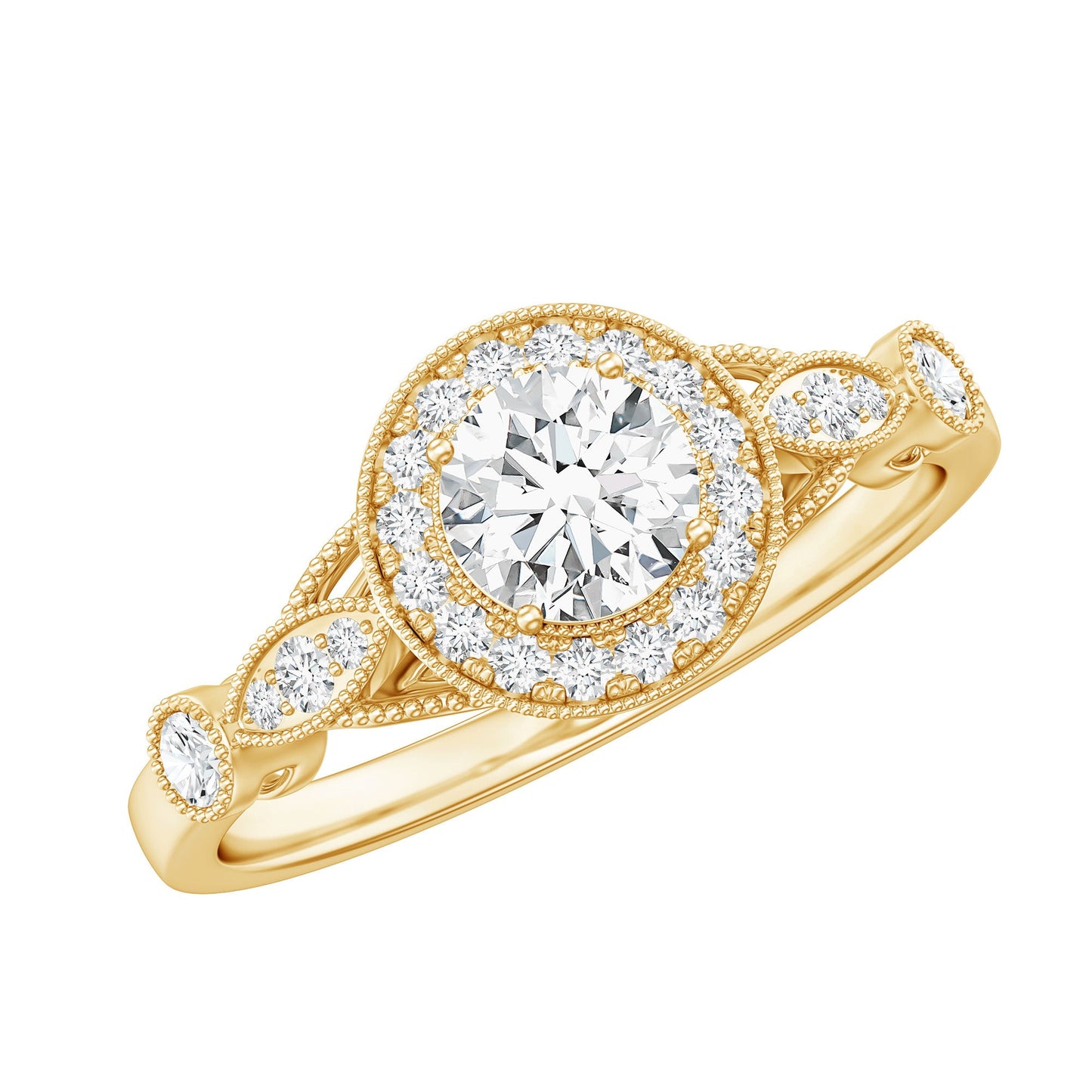 Vintage Looking 0.4 Carat Lab Grown Diamond Halo Engagement Ring With Side Stones