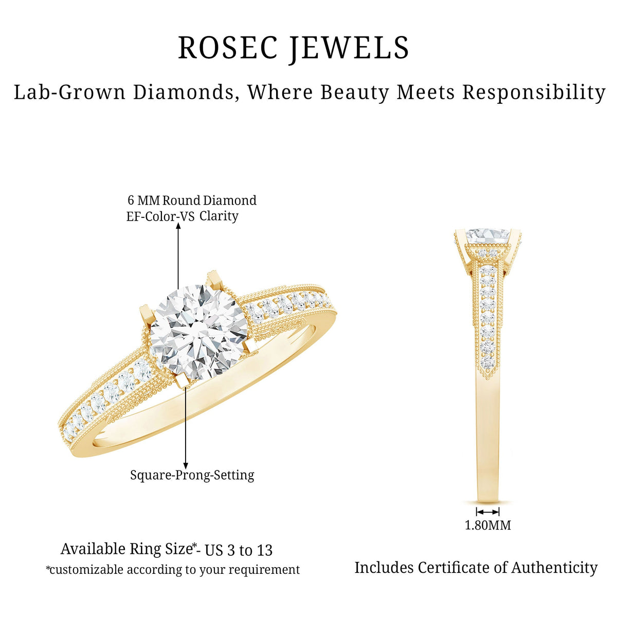 0.9 Carat Certified Lab Grown Diamond Round Engagement Ring With Side Stones