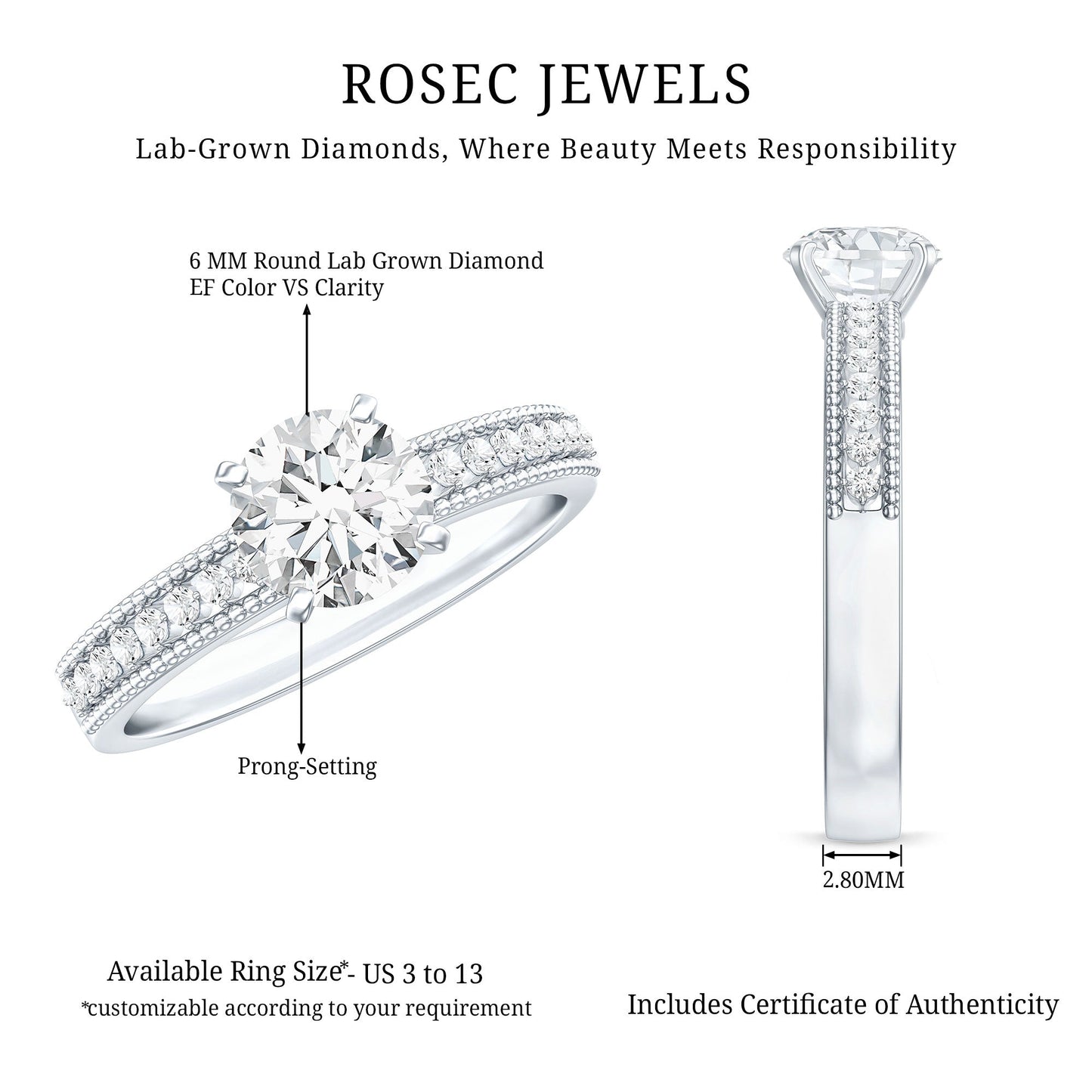 Certified Lab Grown 0.9 Carat Diamond Engagement Ring with Side Stones