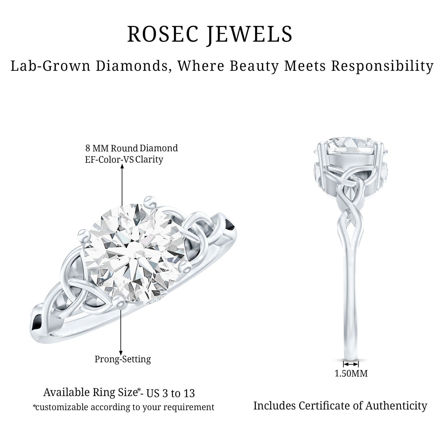 Certified 2 Carat Round Lab Grown Diamond Celtic Engagement Ring