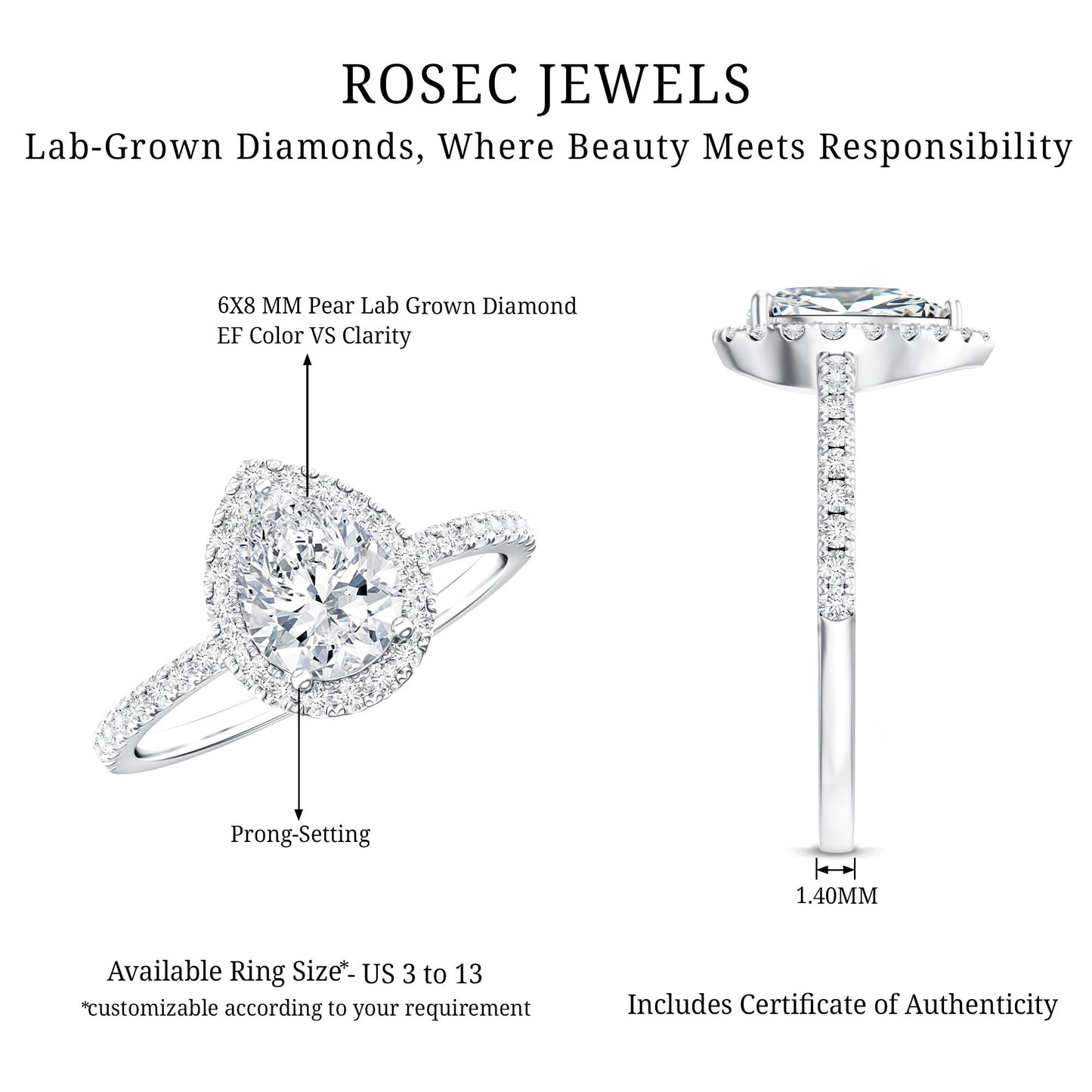 Certified Lab Grown Diamond Pear Halo Engagement Ring