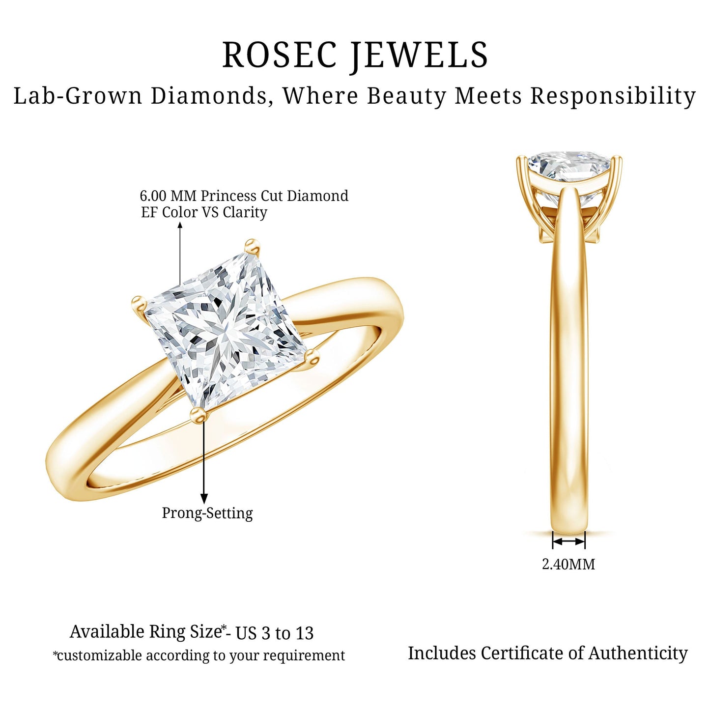 1.2 Carat Princess Cut Lab Grown Diamond Solitaire Engagement Ring For Women