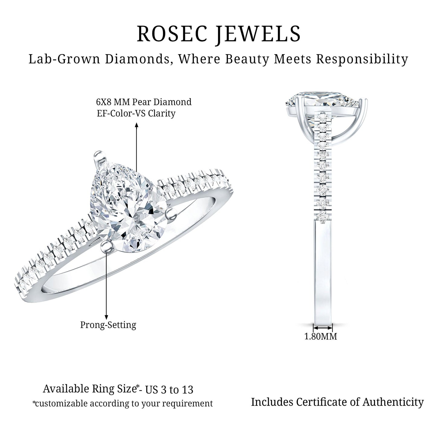 Lab Diamond 1.3 Carat Pear Shape Engagement Ring With Side Stones