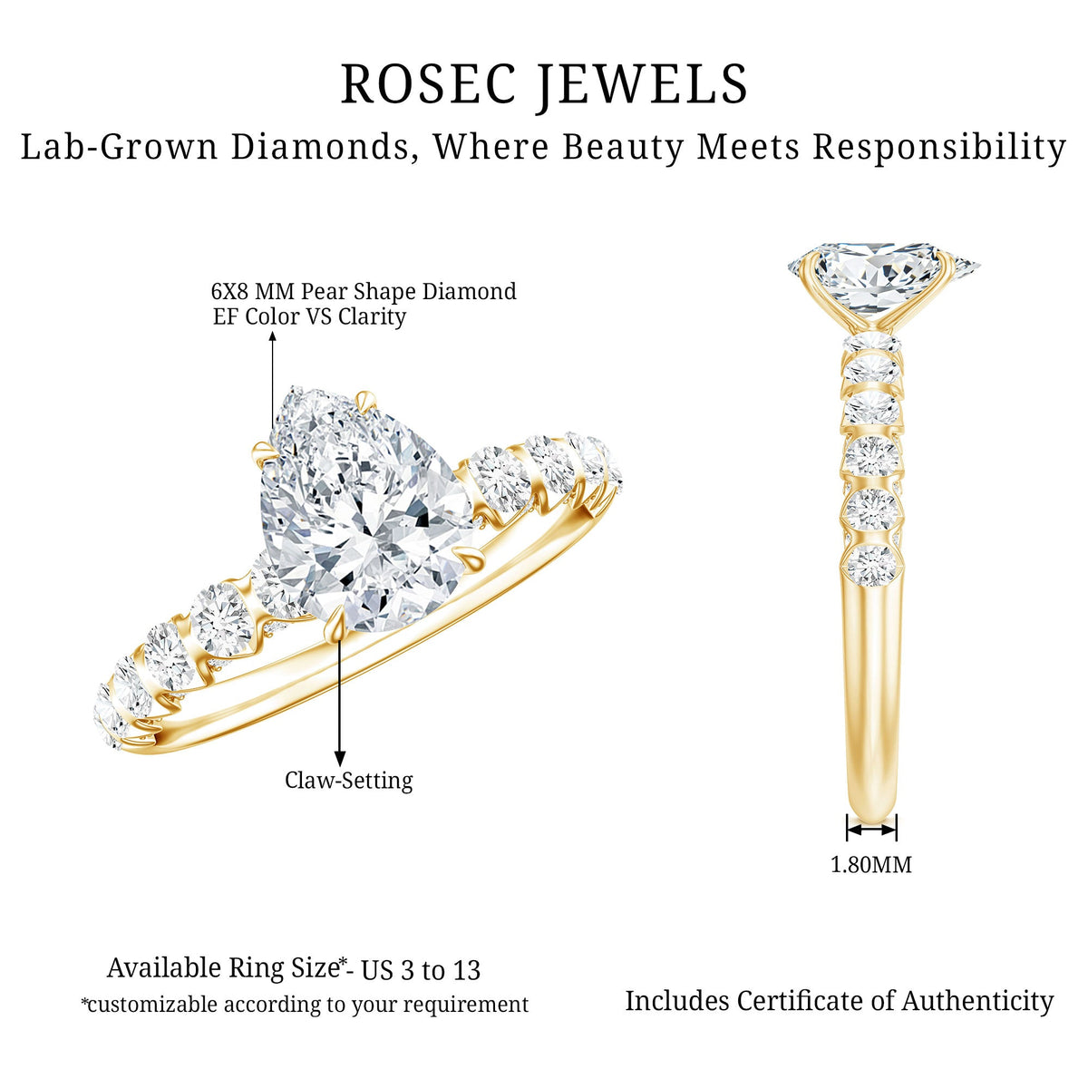 1.3 Carat Pear Cut Lab Grown Diamond Engagement Ring for Women