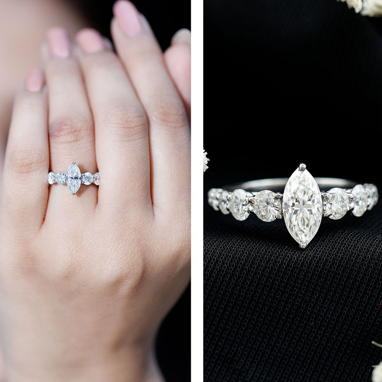 Lab Created Diamond Marquise Engagement Ring With Side Stones
