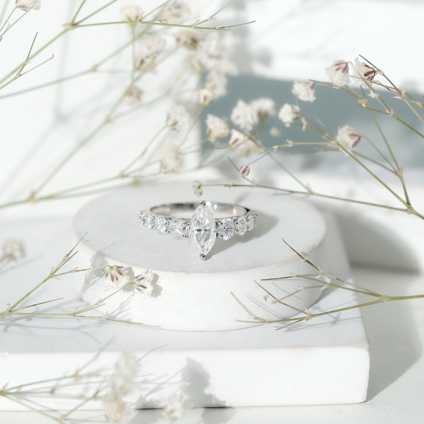 Lab Created Diamond Marquise Engagement Ring With Side Stones