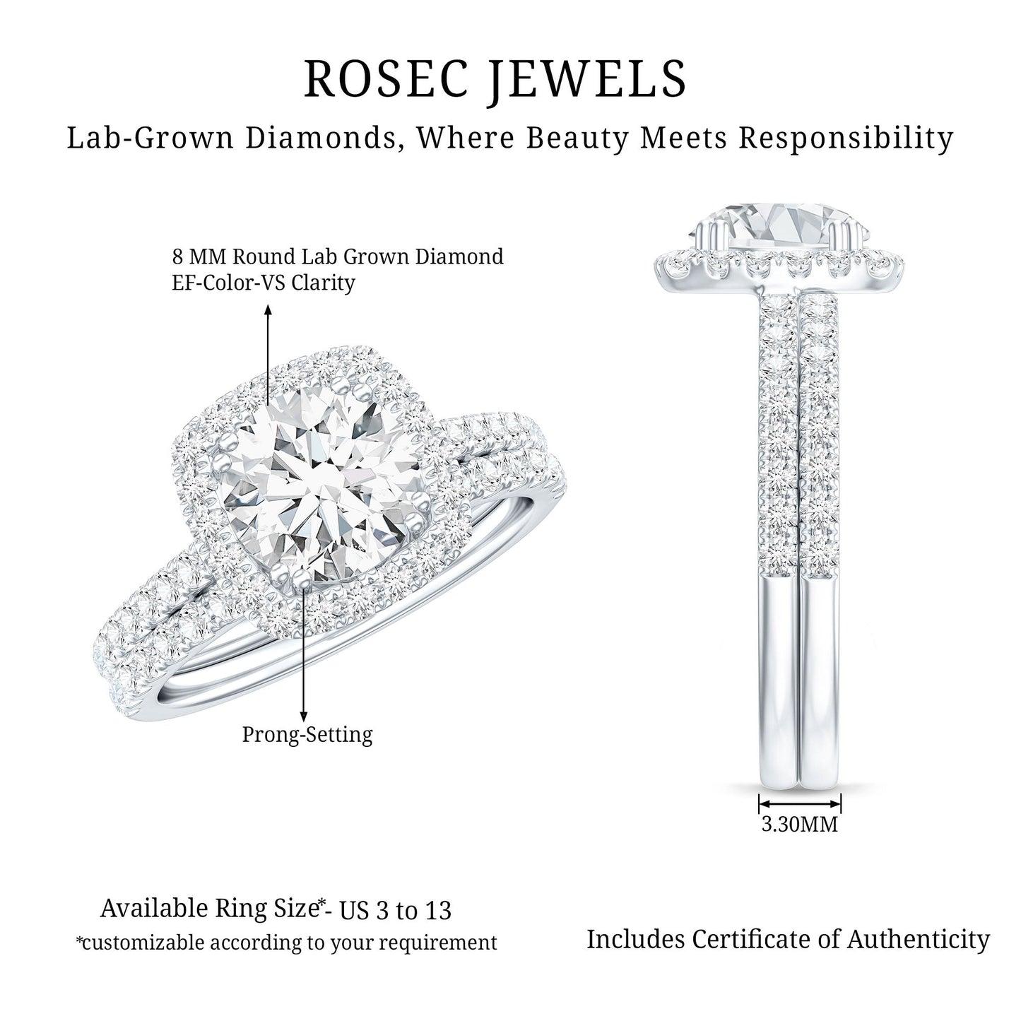 Lab Grown 2 Carat Diamond Halo Engagement Ring with Wedding Band