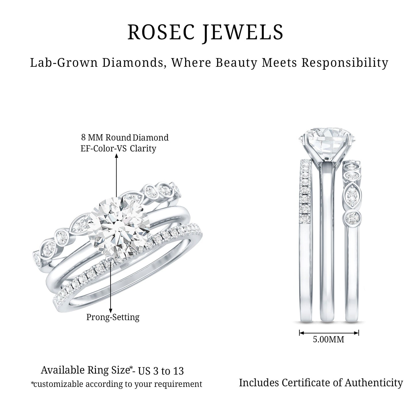 2 Carat Certified Round Cut Lab Created Diamond 3 Piece Bridal Ring Set