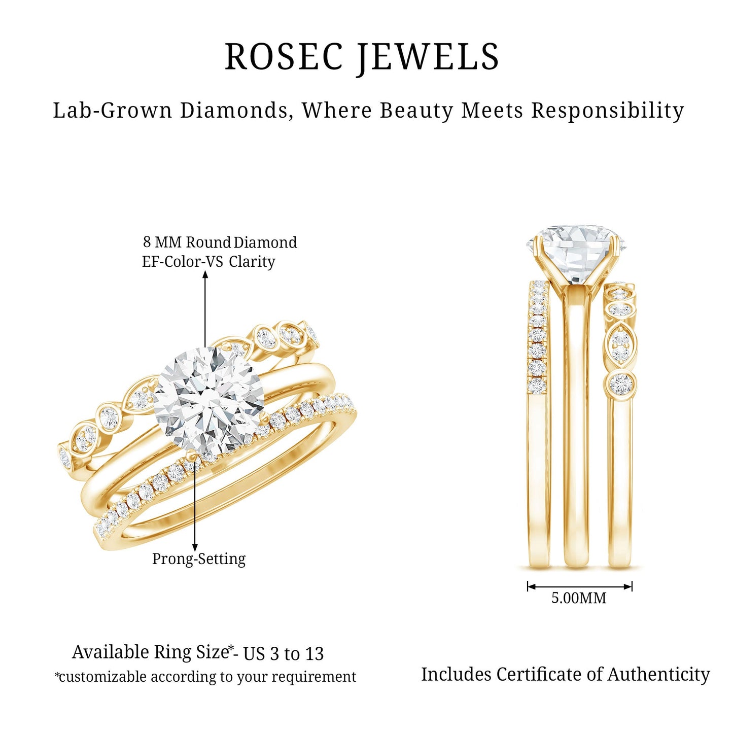 2 Carat Certified Round Cut Lab Created Diamond 3 Piece Bridal Ring Set